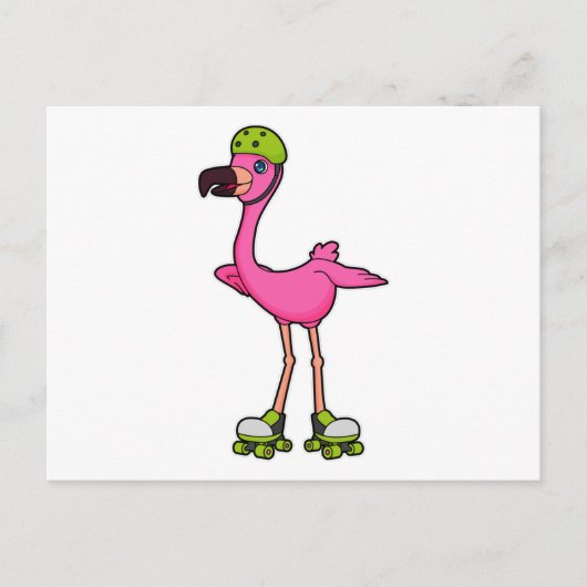 Carte Postale Flamant rose comme Patineur avec Roller Patins & C (Devant)