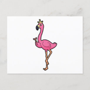 Carte Postale Flamant rose comme roi avec couronne et bâton