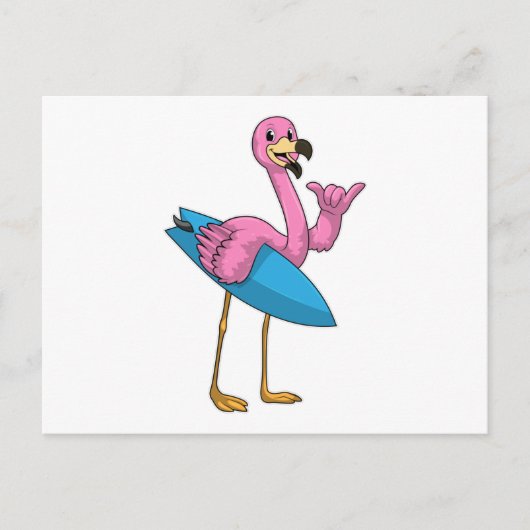 Carte Postale Flamant rose comme Surfer avec Surfboard (Devant)