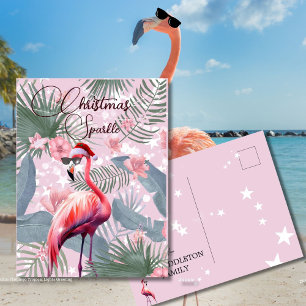 Carte Postale Flamant rose de Noël Lumières tropicales