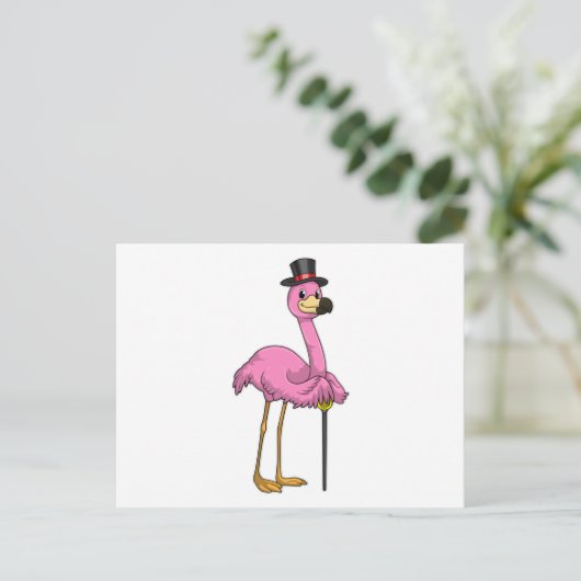 Carte Postale Flamant rose en retraité avec canne (Debout devant)