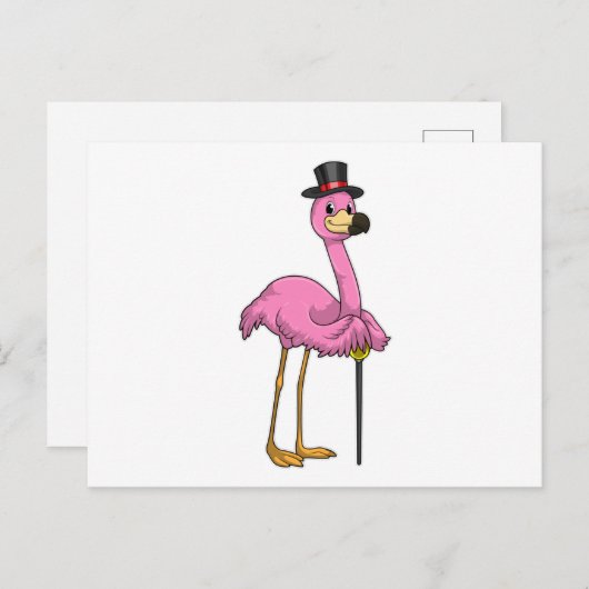 Carte Postale Flamant rose en retraité avec canne (Devant / Derrière)