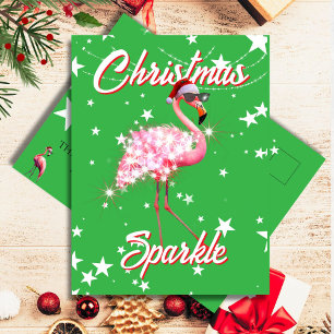 Carte Postale Flamant rose en Santa Hat & Sunglass Green Christm