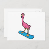 Carte Postale Flamant rose en snowboardeur avec planche à neige (Devant / Derrière)