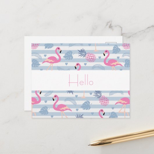 Carte Postale Flamant Rose Fantaisiste & Motif de l'Ananas Bonjo (Devant/Arrière en situation)