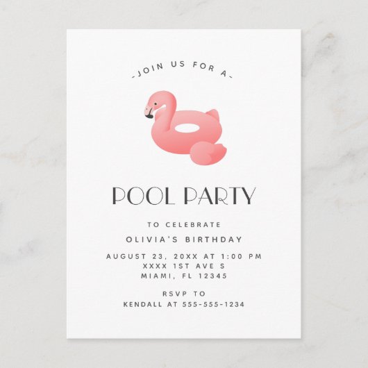 Carte Postale Flamant rose Float Pool Party Anniversaire Invitat (Devant)