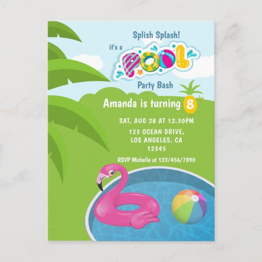 Carte Postale Flamant rose Floatie Pool Fête d'anniversaire (Devant)