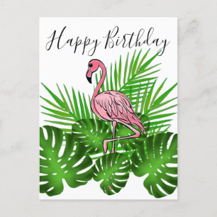 Carte Postale Flamant rose, joyeux anniversaire jungle tropicale