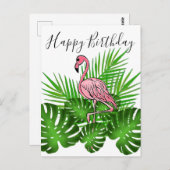 Carte Postale Flamant rose, joyeux anniversaire jungle tropicale (Devant / Derrière)