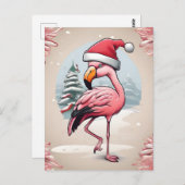 Carte Postale Flamant rose portant un chapeau santa à côté du sa (Devant / Derrière)