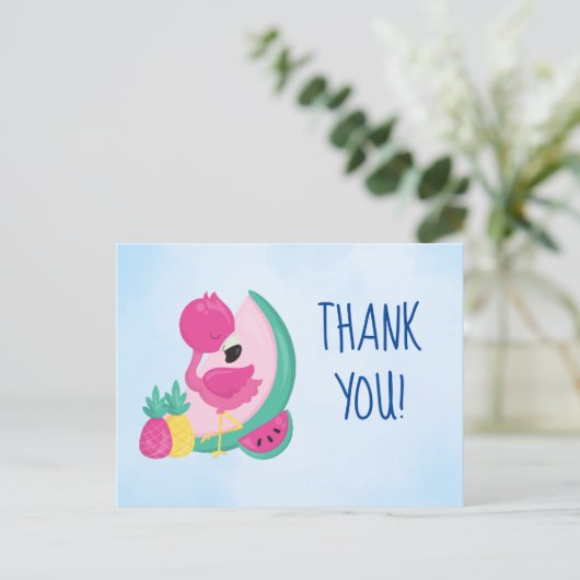 Carte Postale Flamant rose rose avec pastèque et ananas Merci (Debout devant)