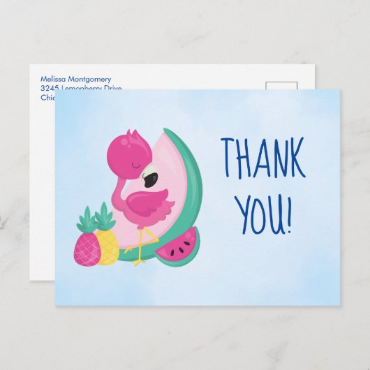 Carte Postale Flamant rose rose avec pastèque et ananas Merci (Devant / Derrière)