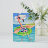 Carte Postale Flamant rose rose blanc no 3 Aquarelle Art (Debout devant)