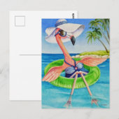 Carte Postale Flamant rose rose blanc no 3 Aquarelle Art (Devant / Derrière)