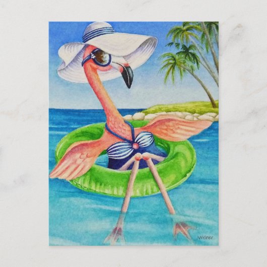 Carte Postale Flamant rose rose blanc no 3 Aquarelle Art (Devant)