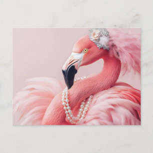 Carte Postale Flamant rose rose élégant avec perles et plumes
