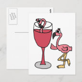 Carte Postale Flamant rose rose en verre de vin blanc (Devant / Derrière)