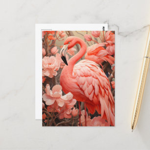 Carte Postale Flamant rose rose et fleurs