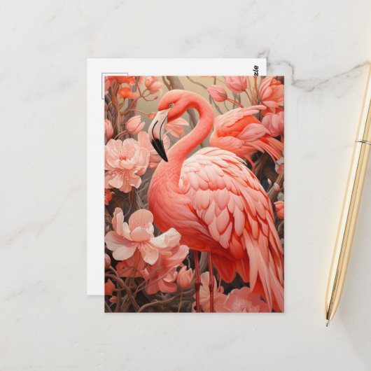 Carte Postale Flamant rose rose et fleurs (Devant/Arrière en situation)
