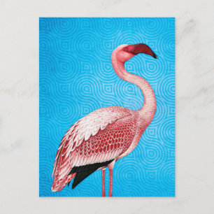 Carte Postale Flamant rose rose sur Motif bleu rétro