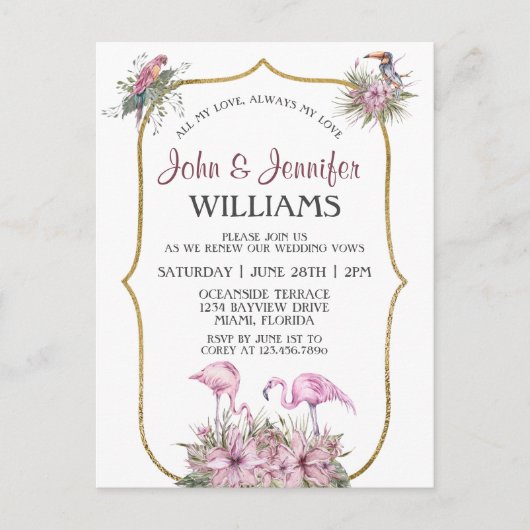 Carte Postale Flamant rose rose Tropical Gold Mariage Vow Renouv (Devant)