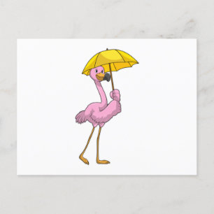 Carte Postale Flamant rose sous la pluie avec parapluie