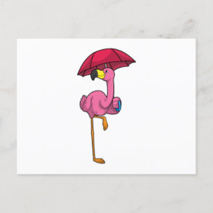 Carte Postale Flamant rose sous la pluie avec parapluie