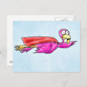 Carte Postale Flamant rose super rose avec Flying Cape Whimsical (Devant / Derrière)