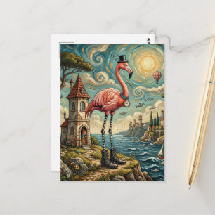 Carte Postale Flamant rose surréaliste en bottes sur la plage