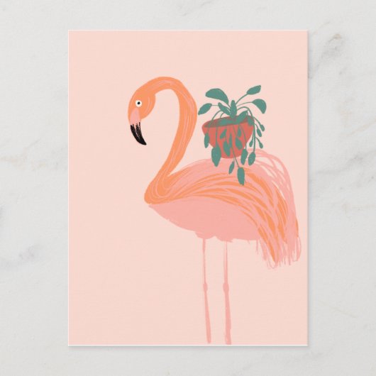 Carte Postale Flamant tropical avec plante en pot dessinée à la (Devant)