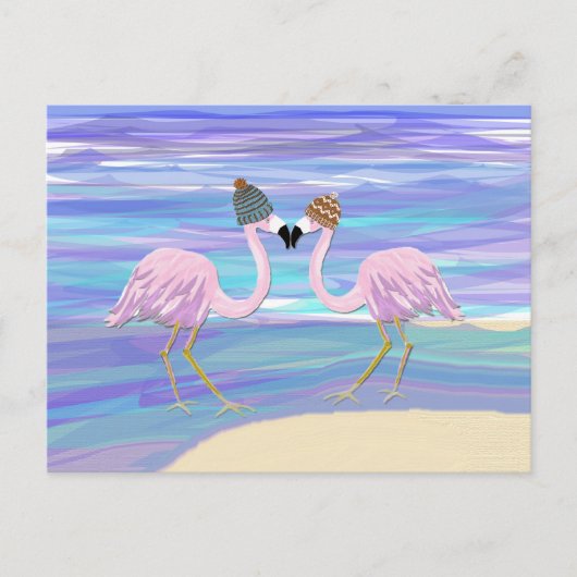 Carte Postale Flamants roses dans des casquettes tricotés (Devant)