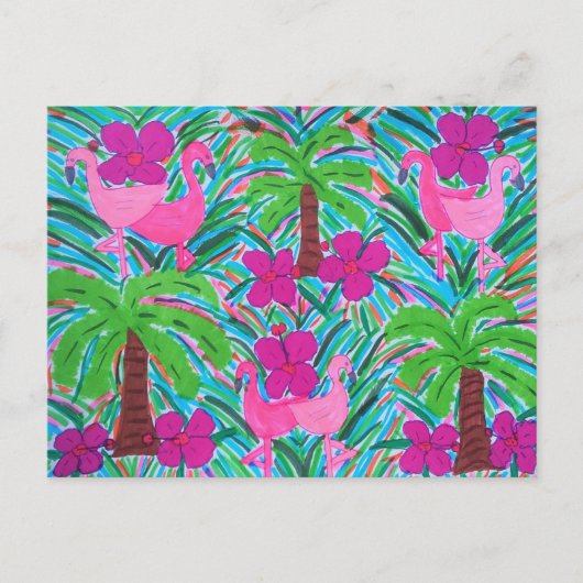 Carte Postale Flamants roses et palmiers (Devant)