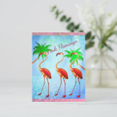 Carte Postale Flamants roses funky Palmiers Ciel bleu (Debout devant)