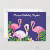 Carte Postale Flamants roses rose tropicale sur violet (Devant / Derrière)