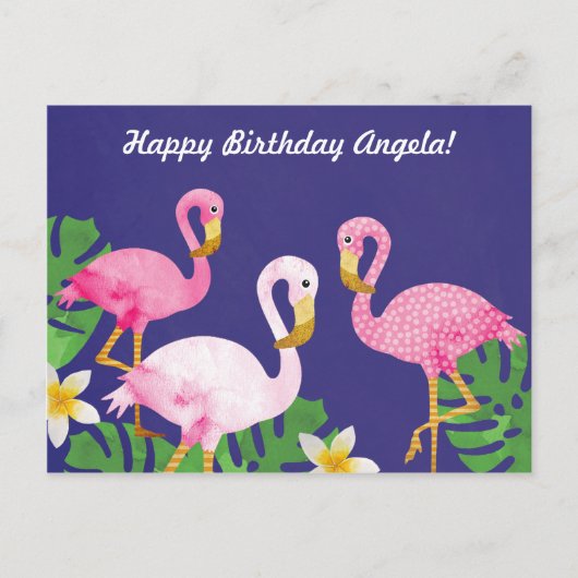 Carte Postale Flamants roses rose tropicale sur violet (Devant)