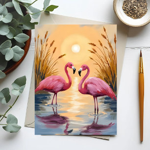 Carte Postale Flamants roses roses Coucher de soleil Peinture an