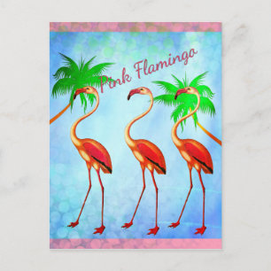 Carte Postale Flamants roses roses funky Palm Trees Ciel bleu