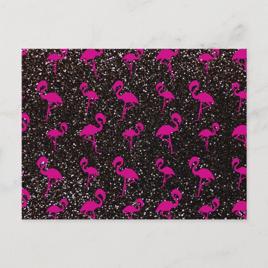 Carte Postale Flamingo rose parties scintillant noire (Devant)