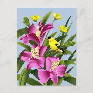 Carte Postale Fleur Alstroemeria et Goldfinch