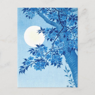 Carte Postale Fleur Cerise Lune Nuit Ohara Koson Bleu