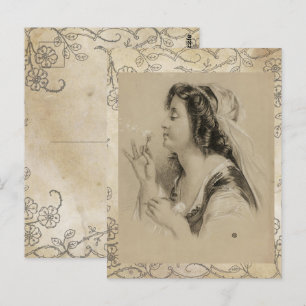 Carte Postale Fleur Dandelion Fille Paris vintage