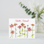 Carte Postale Fleur d'aquarelle Red Zinnia Hello Friend (Debout devant)