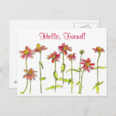 Carte Postale Fleur d'aquarelle Red Zinnia Hello Friend (Devant / Derrière)
