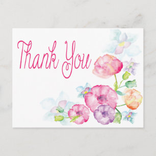 Carte Postale Fleur d'aquarelle rose et violet en Merci floral