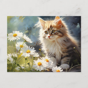 Carte Postale Fleur d'avril Naissance Marguerite et Chaton