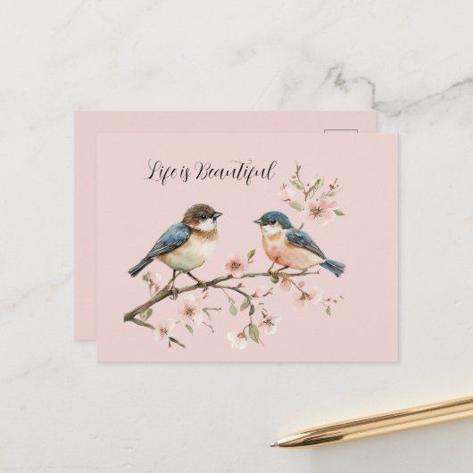 Carte Postale Fleur de cerisier Blue Birds (Devant/Arrière en situation)