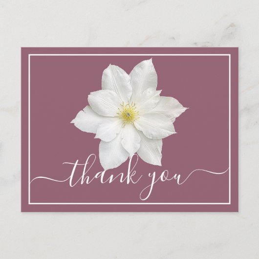 Carte Postale Fleur de clématite blanche sur fond prune Merci (Devant)