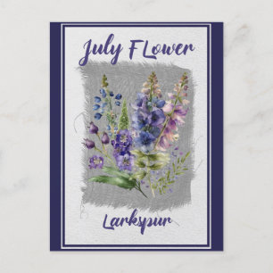 Carte Postale Fleur de Delphinium Florale de Juillet Vintage