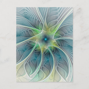 Carte Postale Fleur de fantaisie moderne bleue verte fractale