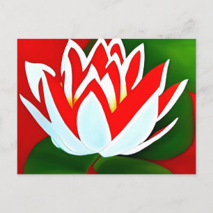 Carte Postale Fleur de lotus rouge et blanc avec feuilles verts